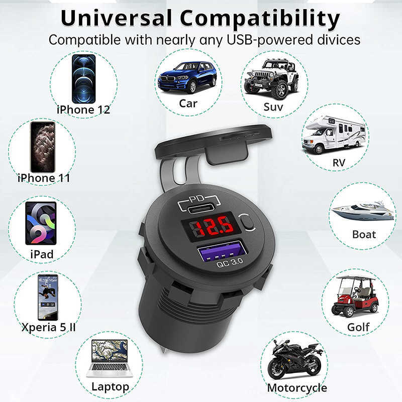 Uppdatera snabbladdning PD USB Type C bil Motorcykelladdare Socket 12V/24V QC3.0 Strömuttag med LED -voltmeter Switch Fast Charge