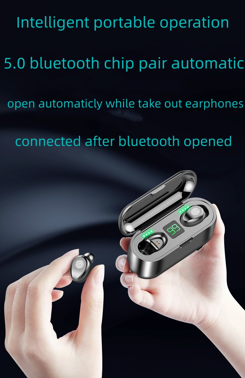 Auricolare wireless Bluetooth V5.0 F9 TWS Display a LED cuffie con auricolare Power Bank da 2000 mAh con microfono