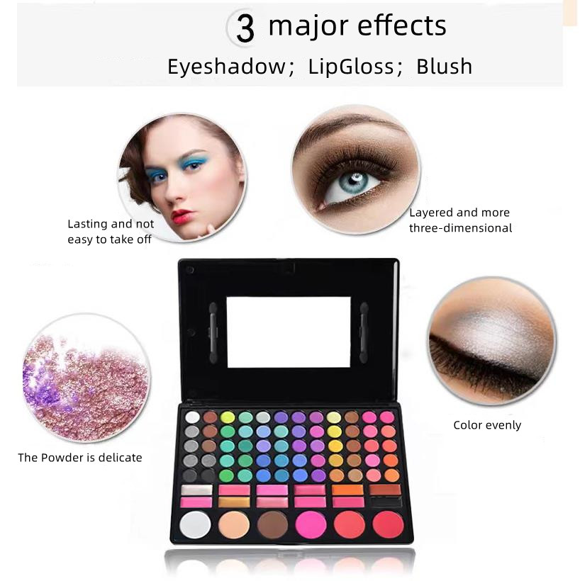 Coffret cadeau de maquillage tout-en-un 78 couleurs - Comprend 60 nuances de fard à paupières, 6 fards à joues et 12 brillants à lèvres