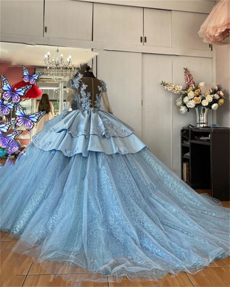 2023 Sky Blue Sweetheart Ball Gown 3D Flowers Quinceanera Dresses Beaded Graduation Gowns Princess Sweet 16 Pageant Dress