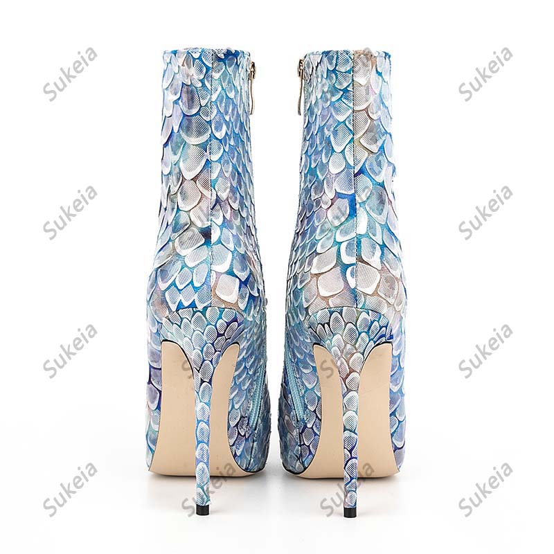 Sukeia Women Winter Ankle Boots Printed Fish Scale Poinest Toe Sexy Stileetto Heels Light Blue Party Shoes Ladies Us Us 5-12