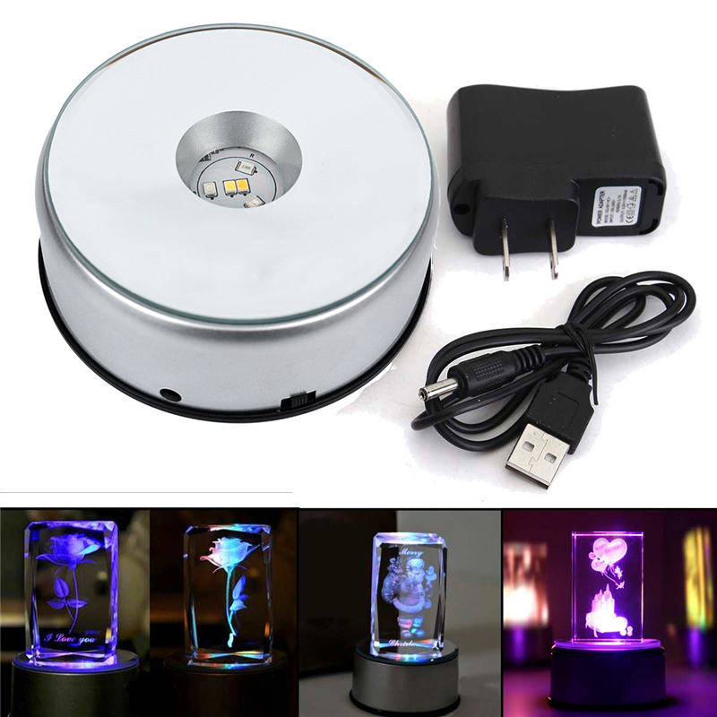 Colorful Luminous led Light Laser Rotating Crystal Display Base Stand Holder with AC Adapter Glass Transparent Objects