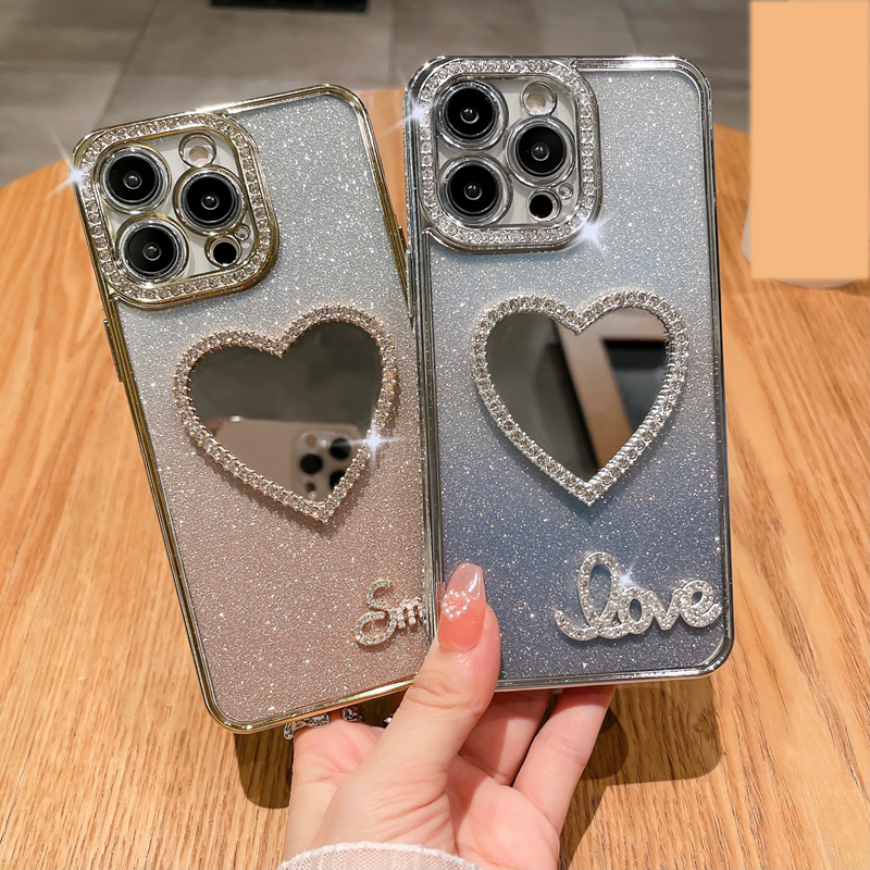 Mirror Love Bling Diamond Case for iPhone 15 14 Plus 13 12 11 Pro XR XS Max X 8 7 Smile Super TPU chromed chlating case Heart Heart Make Up Bremient Phone Cover
