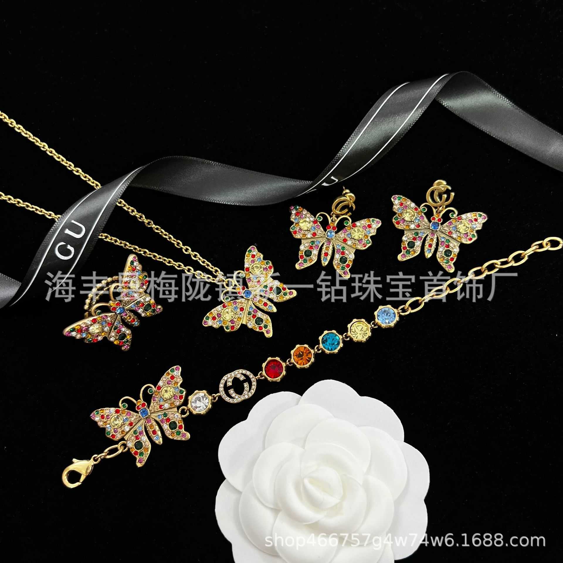 Design luxury jewelry temperament candy color necklace personality full diamond butterfly bracelet family earring ring