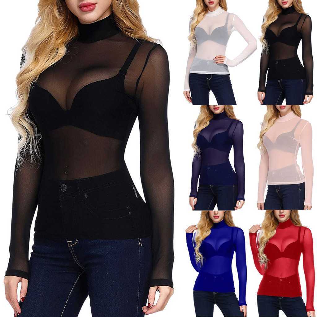 Femmes Tricots T-shirts Mode Femmes Sheer Mesh Chemise Col Haut Bras Shaper Top À Manches Longues Chemises Décontractées Voir À Travers Top Party Club Slim Vêtements W0306