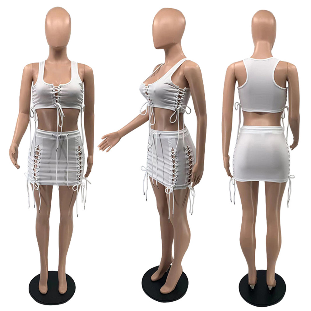 NEW Designer Summer Dress Sets Women Sleeveless Tank Top and Mini Skirt Two Piece Sets Sexy Bandage Outfits Solid Dress Suits Bulk Wholesale Clothes 9438