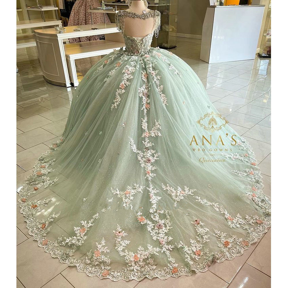 Mint Green Beading Tassel Quinceanera klänningar från axel 3D Flowers Applicies Lace-Up Corset Princess Sweet 15 Vestidos de XV Anos