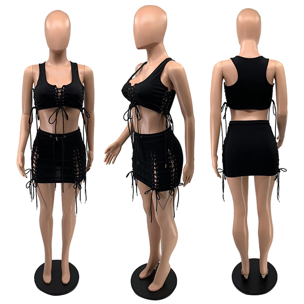 مصمم جديد لباس الصيف مجموعات النساء بلا أكمام تانك أعلى وتنورة صغيرة من قطعتين مجموعات ضمادة مثيرة ملابس اللباس الصلبة بدلات بالجملة بالجملة 9438
