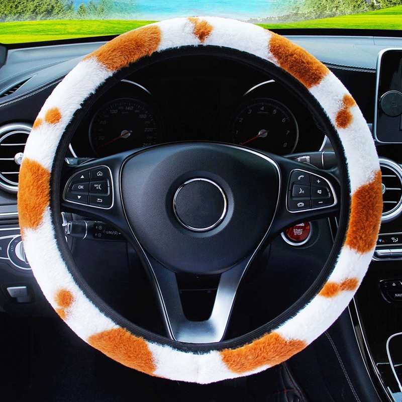 37-38Cm Universal Car Steering Wheel Cover Without Inner Ring Cow Pattern Plush Update Elastic Car Handle Cover