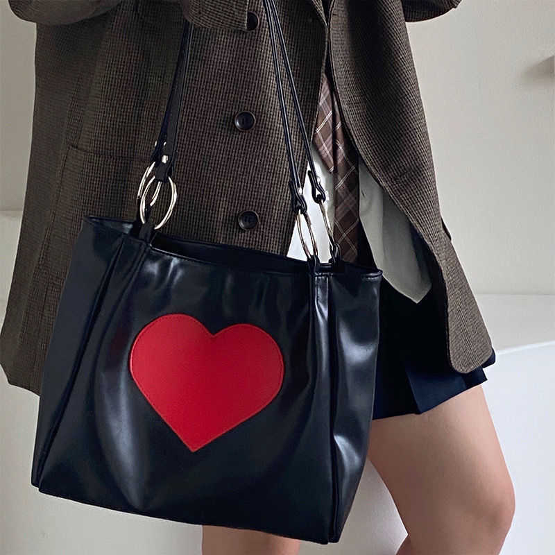 Schoudertassen Harajuku Kawaii vrouwen Japans schattig hart lolita Tote dames handtassen 2023 grote shopper met rits 230309