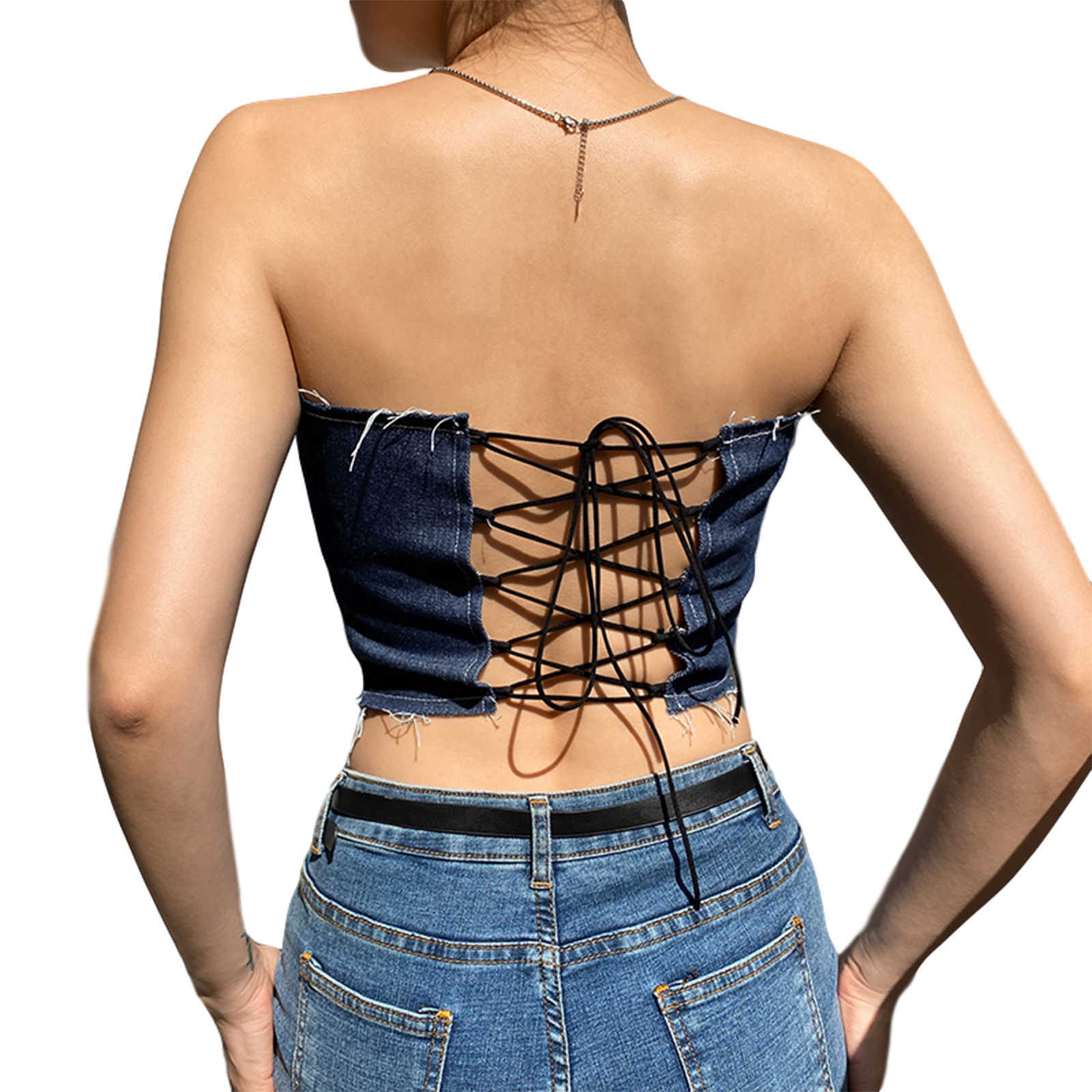 Damesbreien T Tees Dames Crop Top Patchwork Bandage Boob Wrap Tops Teelt Backless Back Lace Up Vest Denim Chest Wrap T-Shirt Summer Camis W0306