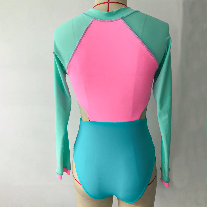 Fashion Women Swimwear Contrast Color Zip Front Long Sleeve One Piece Bikini Swimsuit Surfing Rash Guard