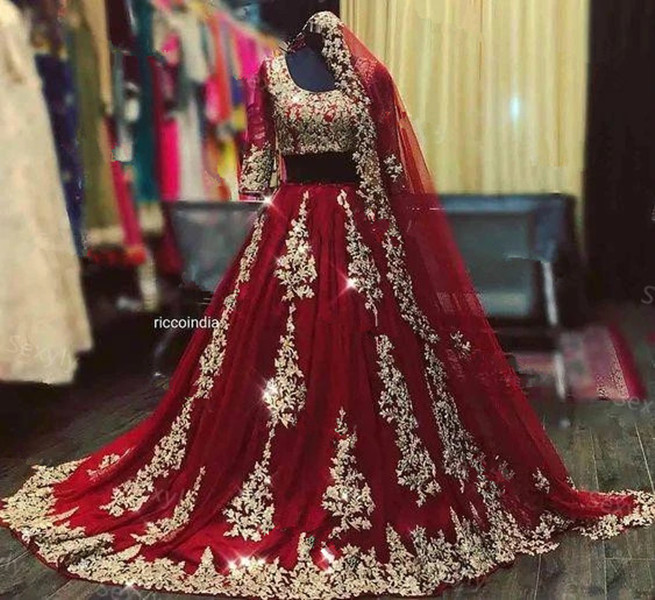 Sexy indien arabe bordeaux a-ligne robes de mariée avec cape voile deux pièces dentelle d'or musulman demi manches bleu robe de mariée de Dubaï