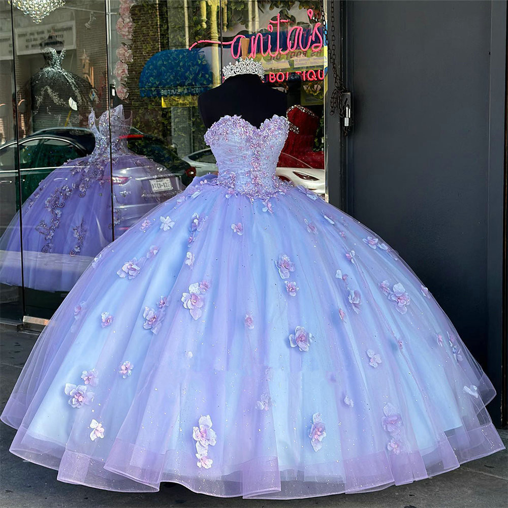 Lila Lavendel 3D Blumen Prinzessin Quinceanera Kleider Abnehmbare Ärmel Kristall Perlen Schnürkorsett Vestidos De Quinceanera