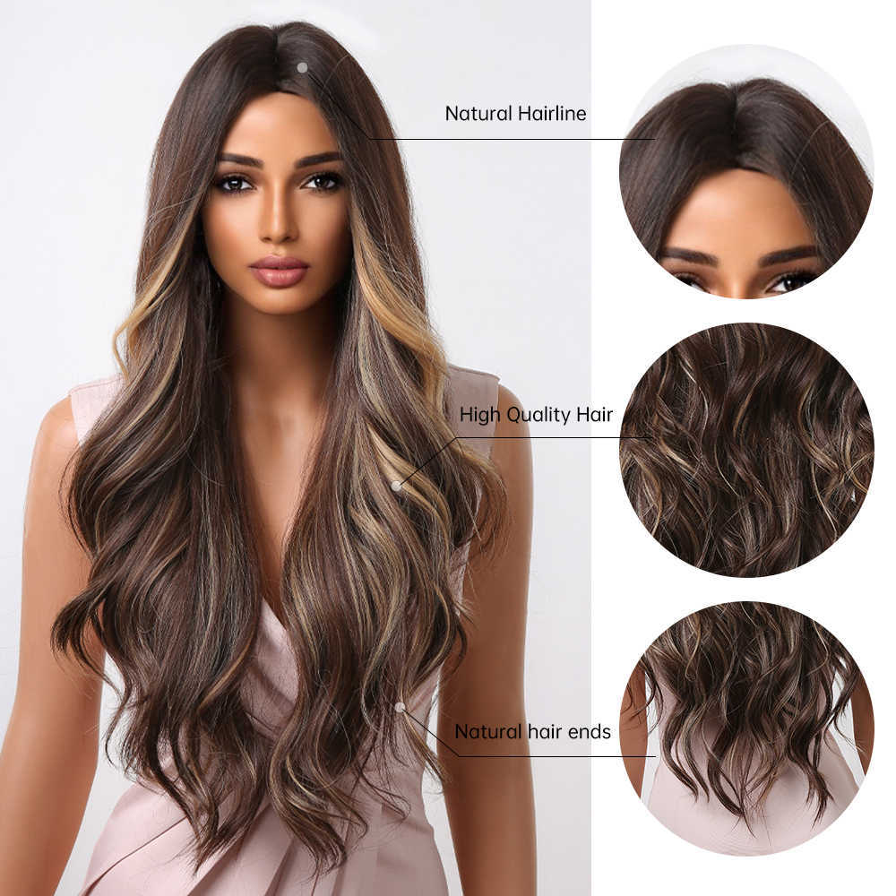 Синтетические парики Easihair Long Brown Ombre Synthetic Wig для чернокожих женщин Super Wavy S Cosplay Water Wave Teatressaint 230227