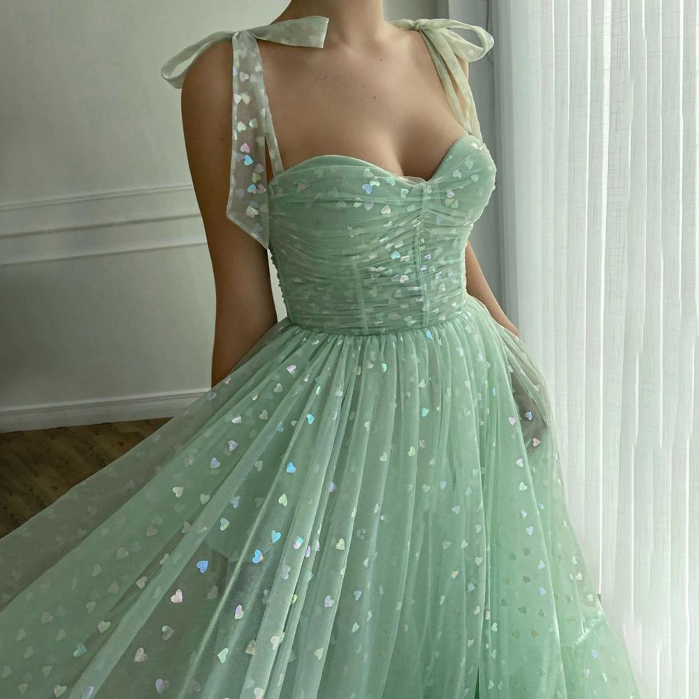 Mint groene hartige prom-jurken vastgebonden boogbanden sweetheart midi prom jurken zakken thee-lengte avond feestjurk