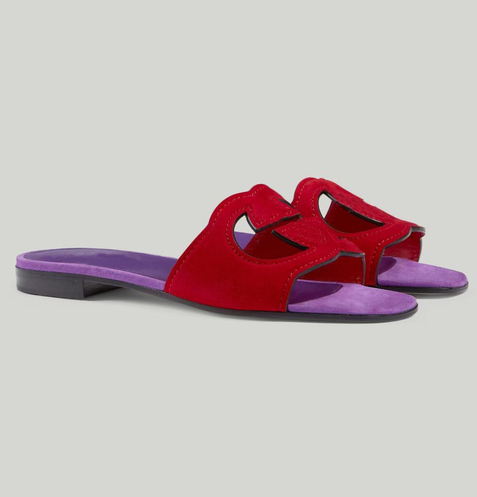 Marque d'été 2023SS femmes sandales imbriquées chaussures découpées glisser appartements élégance plage pantoufles daim cuir dame tongs EU35-43