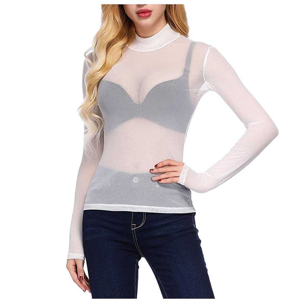 Femmes Tricots T-shirts Mode Femmes Sheer Mesh Chemise Col Haut Bras Shaper Top À Manches Longues Chemises Décontractées Voir À Travers Top Party Club Slim Vêtements W0306