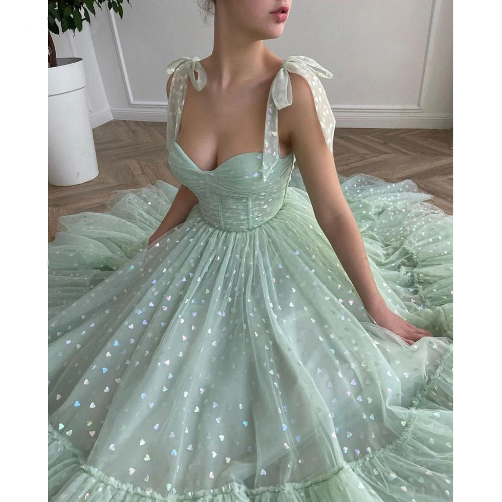Mint groene hartige prom-jurken vastgebonden boogbanden sweetheart midi prom jurken zakken thee-lengte avond feestjurk
