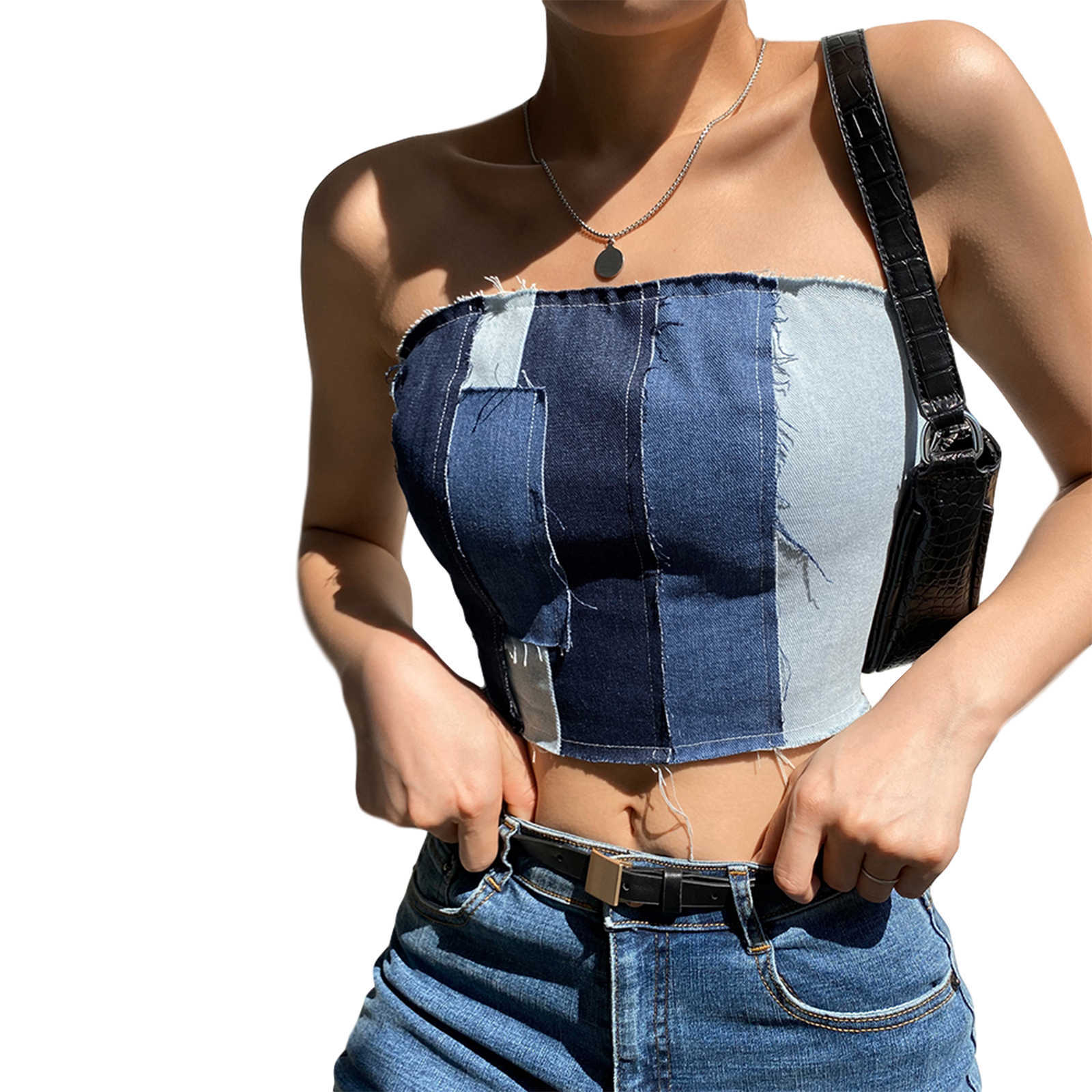 Damesbreien T Tees Dames Crop Top Patchwork Bandage Boob Wrap Tops Teelt Backless Back Lace Up Vest Denim Chest Wrap T-Shirt Summer Camis W0306