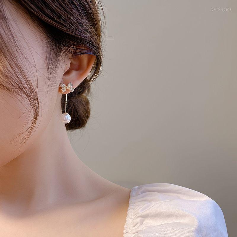 Dangle Earrings Korean Fashion Rhinestone Metal Bowknot Pearl Pendant 2023 Trend Bow Pearls Drop for Women Girls Teens Teens Jewelry289f