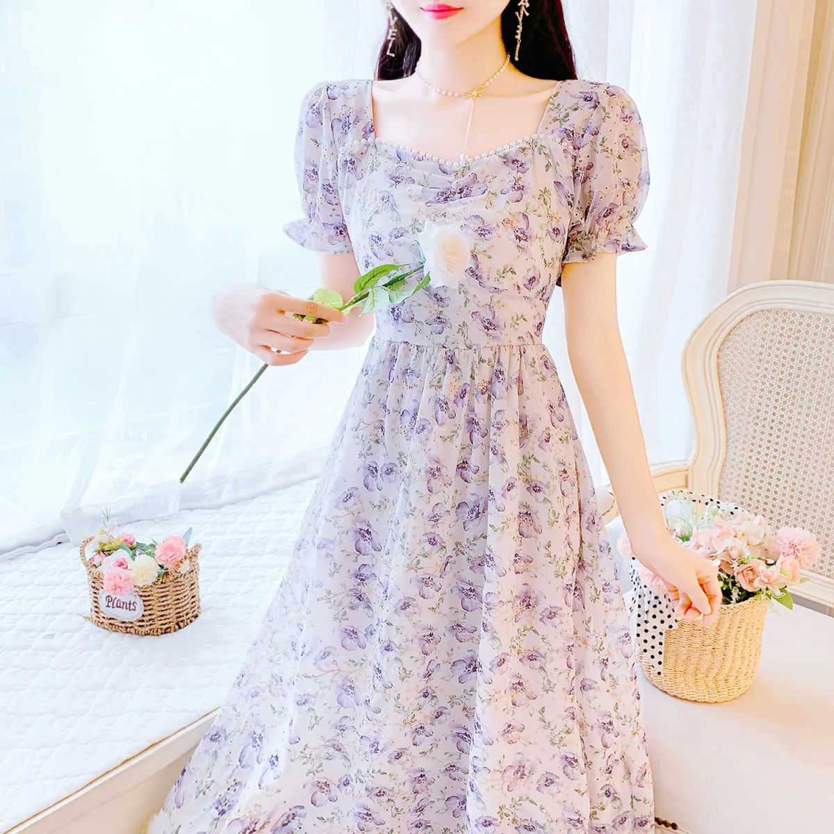 Casual Dresses 2022 Summer French Vintage Floral Chiffon Square Collar Puff Sleeves A-Line Korean Elegant Fashion for Women Y2302