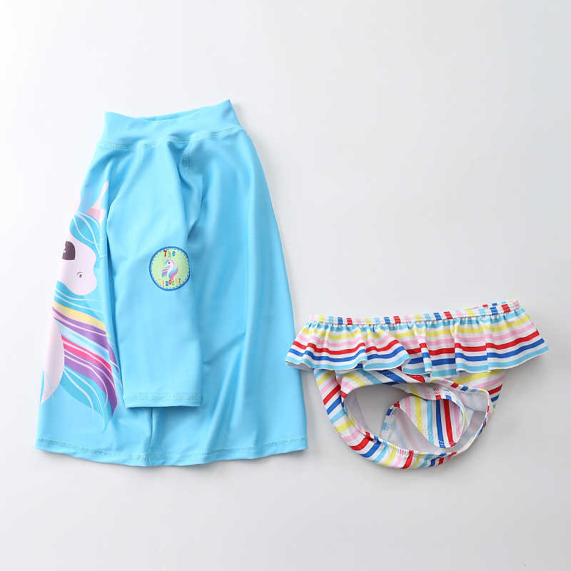 Endelar Flamingo Swimsuit Set 2020 Girls '2-Stycken Solskydd RASH GUARD Set Kids Girl Beach Långärmad badskjorta och shorts Set W0310