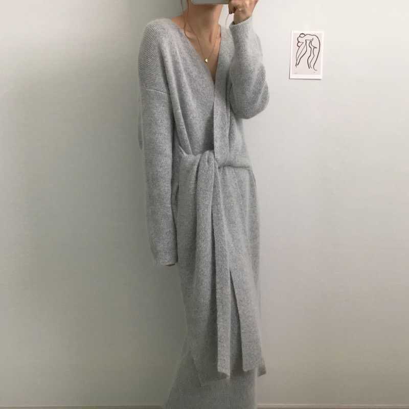 Robes décontractées coréenne ceinturée pull en cachemire femmes bureau dame col en V tricoté automne hiver chaud épaissir fête lâche V953 Y2302