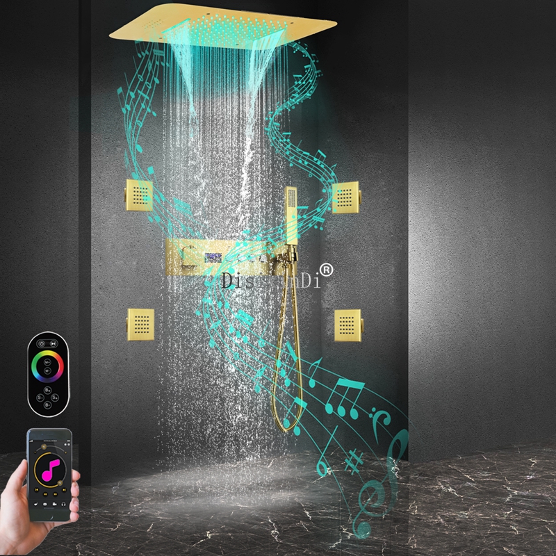 Ouro escovado 23*15 polegadas 64 cores LED Música chuva em cachoeira chuveiro de chuveiro Display Termostático Tor da torneira do chuveiro