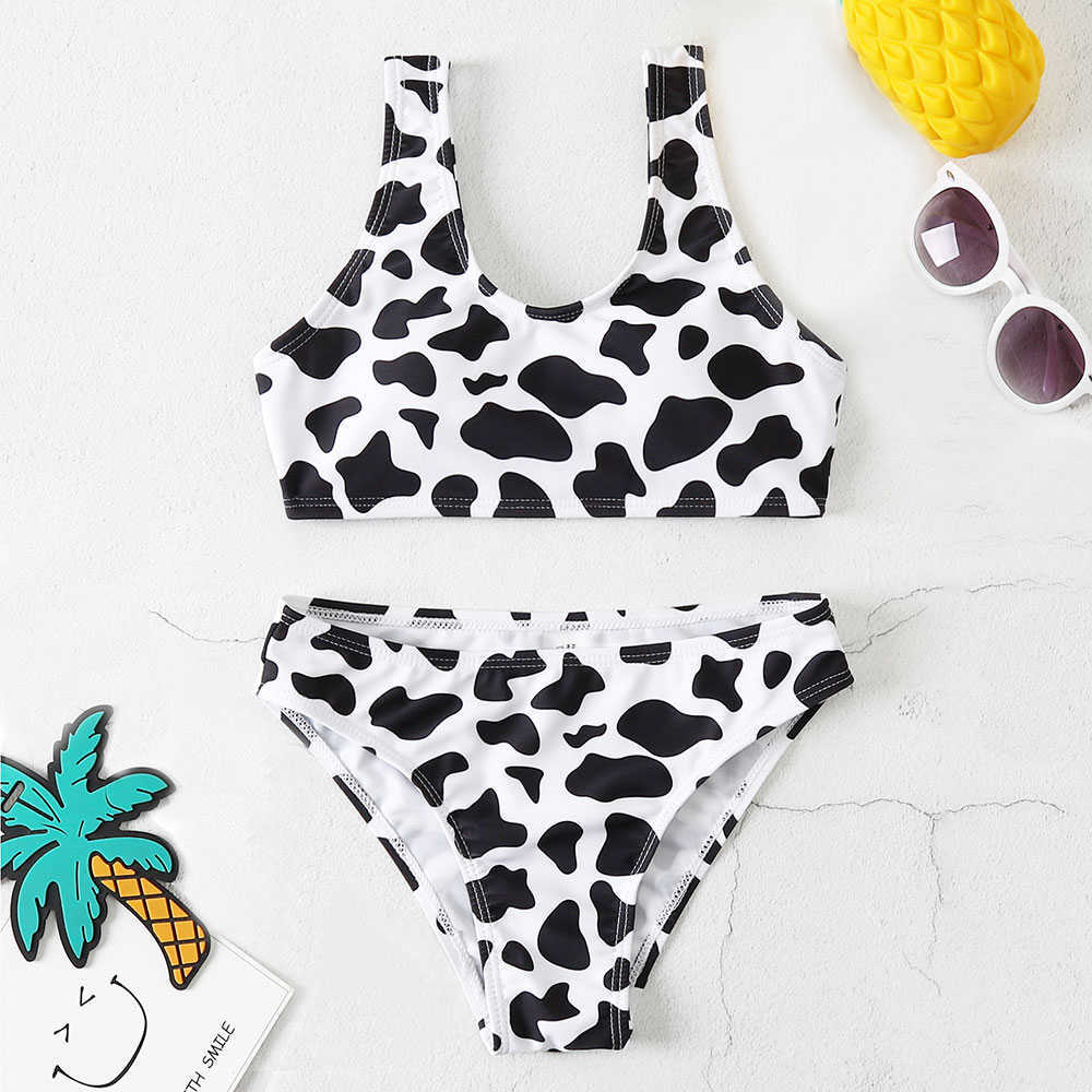 Endelar Girl Cow Print Girl Swimsuit Kids Sport Two Piece Children's Badkläder 7-14 år Teen Bikini Set vadderad baddräkt Beachwear W0310