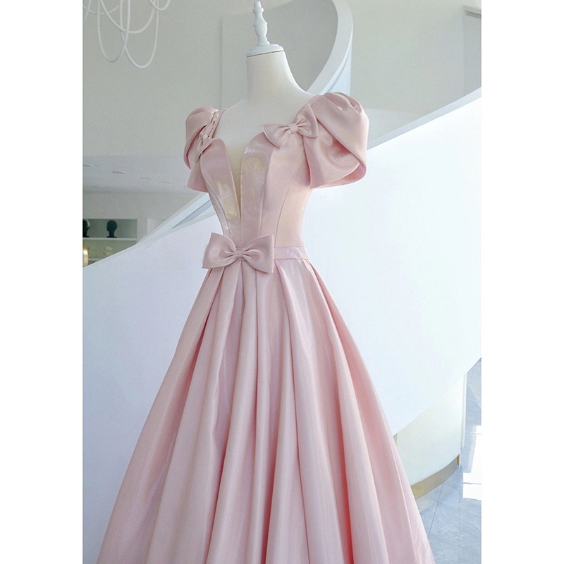 Pink Simple Evening Dresses Short Sleeves A-line Bow Backless Satin Elegant Princess Guest Prom Gowns Bridal Toasting Clothing Custom