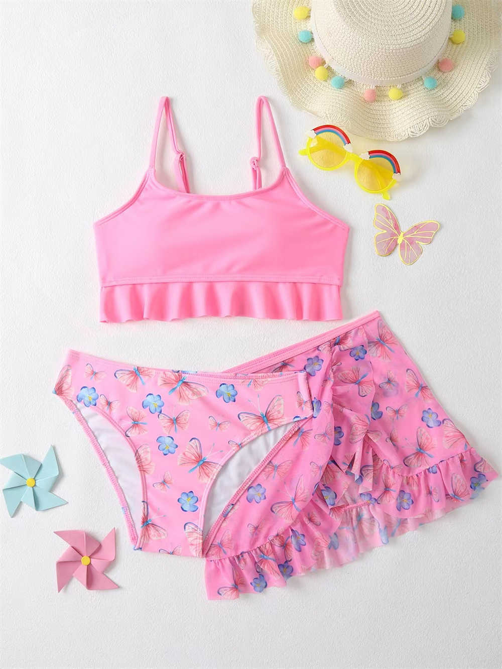 Enstycken 3 st sommaren Falbala Girls Kids Swimsuit Lace Deco Print Barn Kids Bikini Set 2022 Baby Girl badkläder Badkjol Come W0310