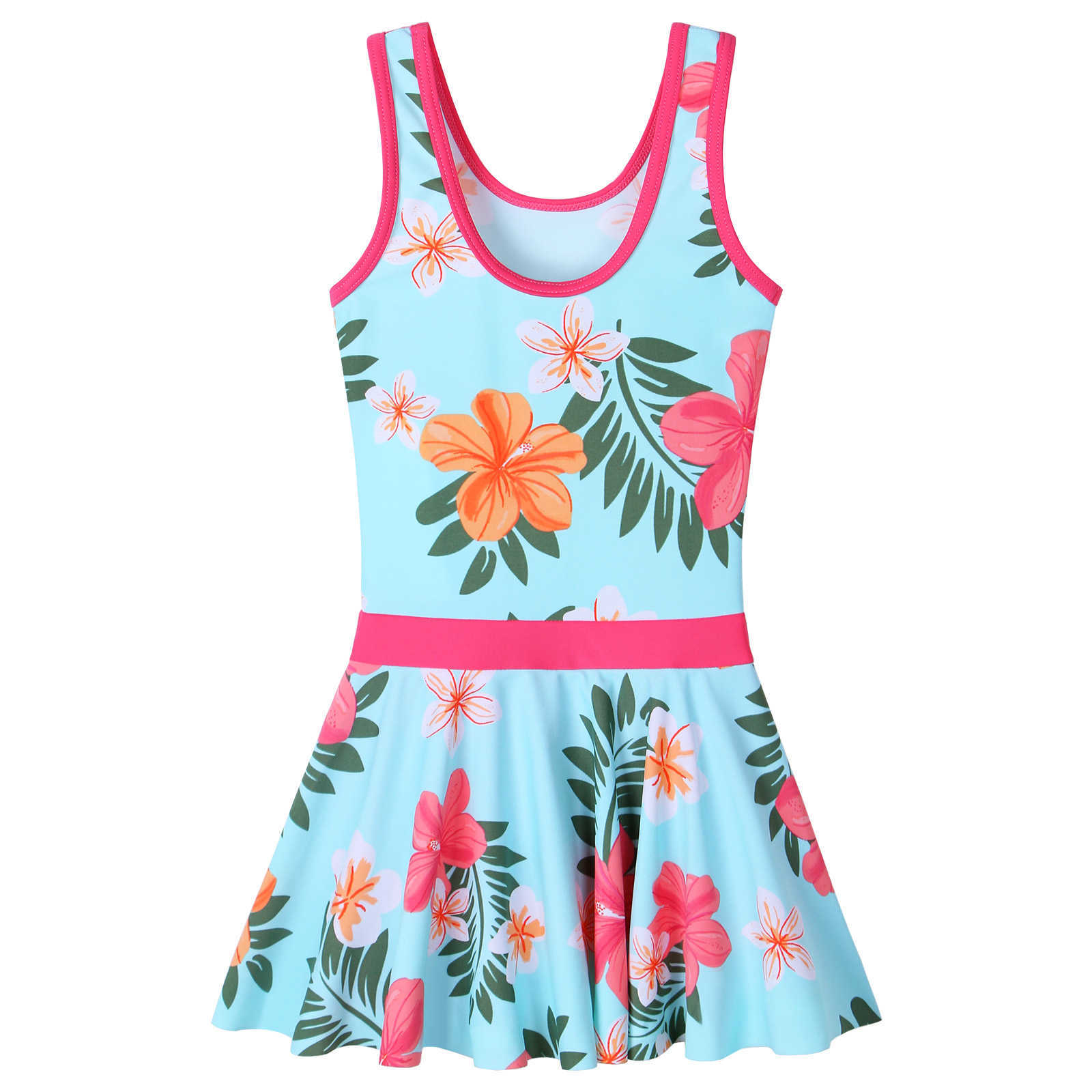 One-Pieces BAOHULU Girls Summer Swimsuit Kids Sleeveless Water Sport Clothes Children Cyan Flower Print Rashguard Bathing Suit New Arrive