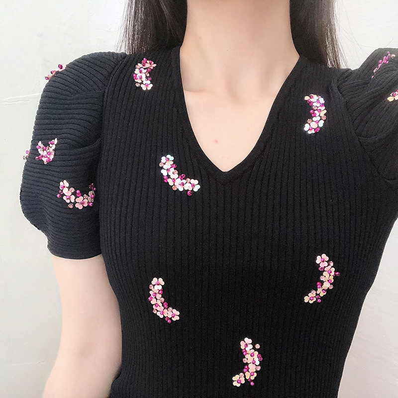 305 2023 Brand SAme Style Sweater Short Sleeve Women's Sweaters Black V Neck Sequins Beads Pullover Fashion Clothes yuecheng