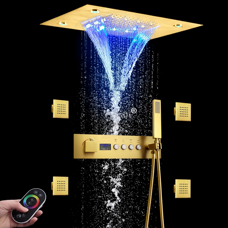 LED Shower Faucet Set Ceiling 20*14 Inch Rain and Waterfall Shower Head Temperature Display Thermostatic Shower System