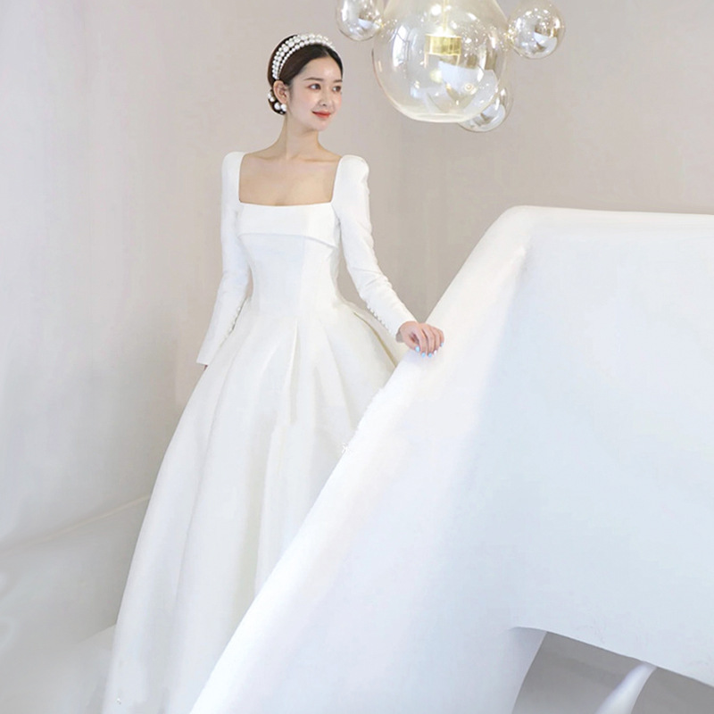 Свадебные платья трапециевидной формы с квадратным вырезом для женщин, минималистичные простые атласные свадебные платья в корейском стиле с длинными рукавами, длинный шлейф для невесты R180H