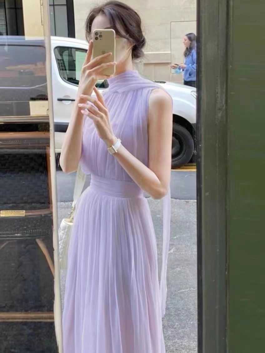 Casual Dresses Summer Elegant Women's Long Gentle High Collar Sleeveless Solid Chiffion Midi Fashion Sexy Korea sundress Plus Size Y2302