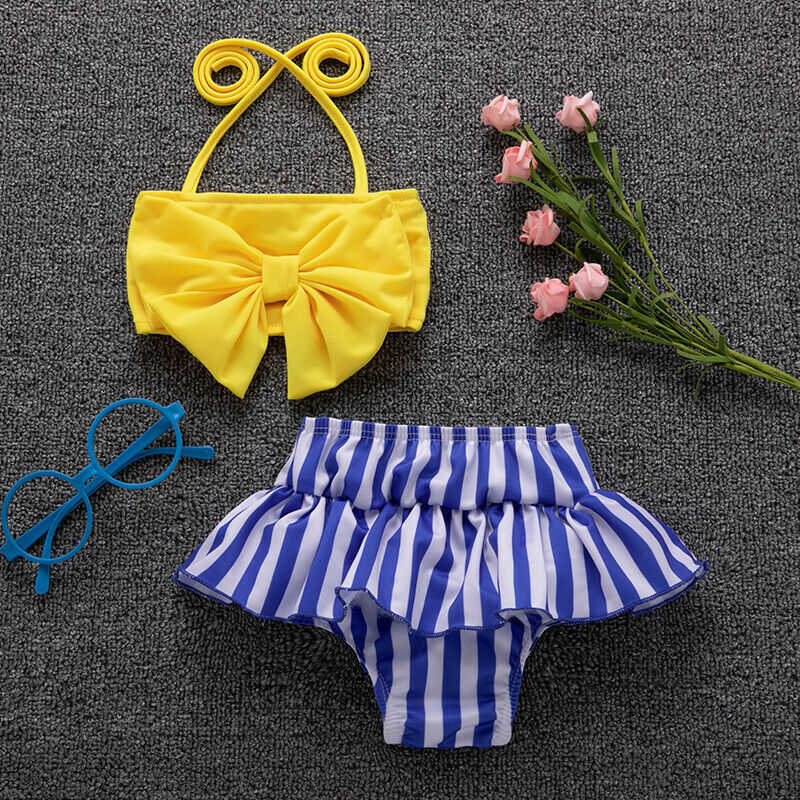 Endelar sommarbarnflicka bikini set randig baddräkt båge badkläder tankini baddräkt flickor strand slitage baddräkt barn bikini set w0310