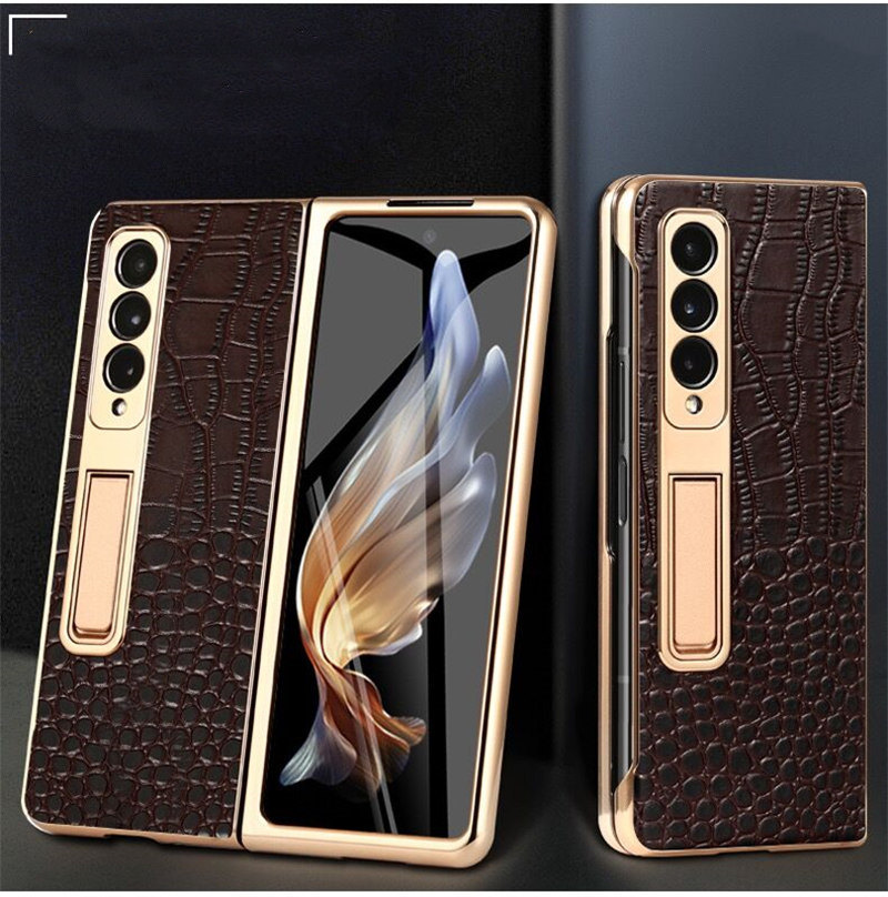 Genuine Leather Crocodile Flip Case for Samsung Galaxy Z Fold4 3 W22 W23 Business Bracket Cover