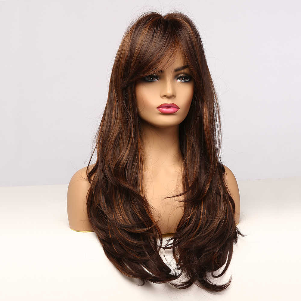 Synthetic Wigs Easihair Long Brown Wavy Wig with Bangs Synthetic Wigs for Women Blonde Highlight Natural Hair Heat Resistant Fiber 230227