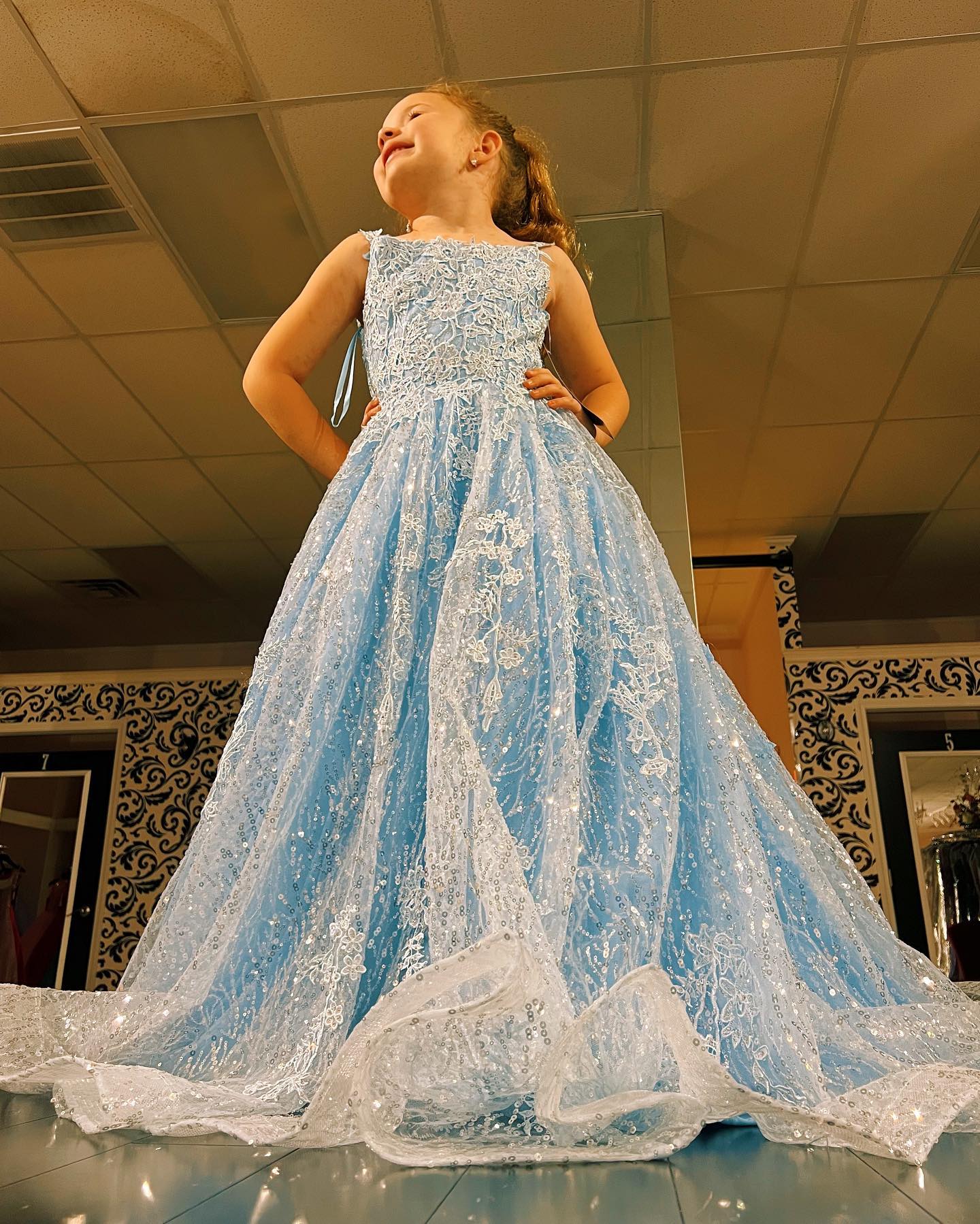 Paillettes dentelle préadolescents fille Pageant robe 2023 robe de bal paillettes petit enfant anniversaire robes de fête formelles infantile tout-petit adolescents minuscule jeune junior Miss bleu ciel lilas