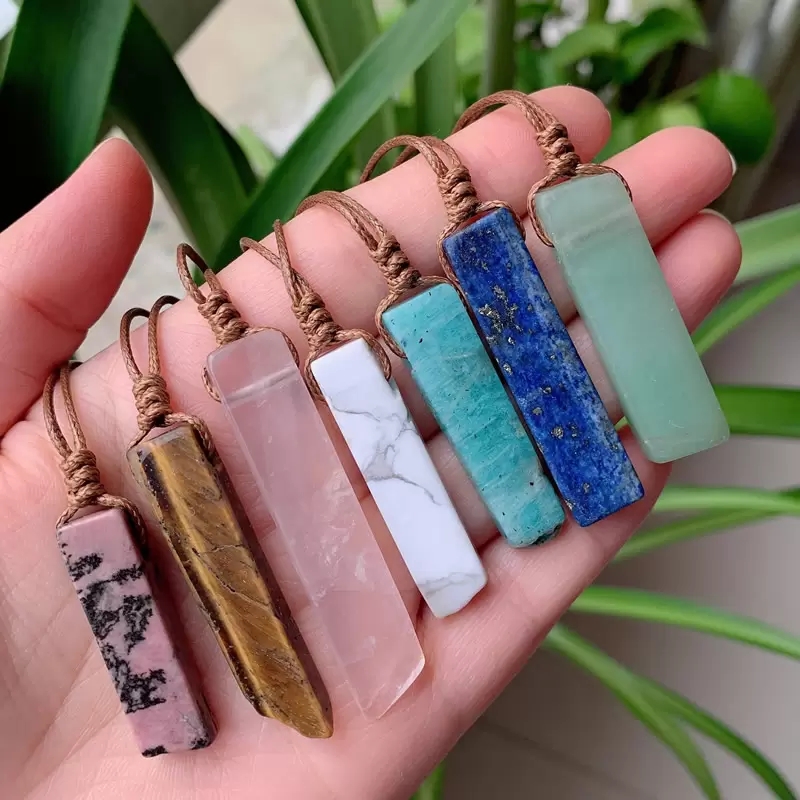 hot Natural Stone Pendant Raw Mineral Irregular Rectangle Quartz Pendulum Amazonite Tiger Eye Lapsi Pink Crystal Necklaces