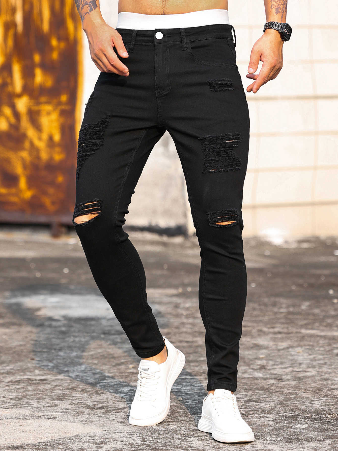 Jeans masculinos 2023 Novo Skinny Mens Black Slim Ripped calça jeans machos jean cor sólida cor diária Hip Hop Hole Men Y2303