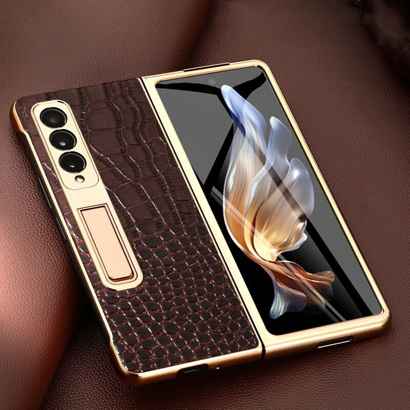 Genuine Leather Crocodile Flip Case for Samsung Galaxy Z Fold4 3 W22 W23 Business Bracket Cover