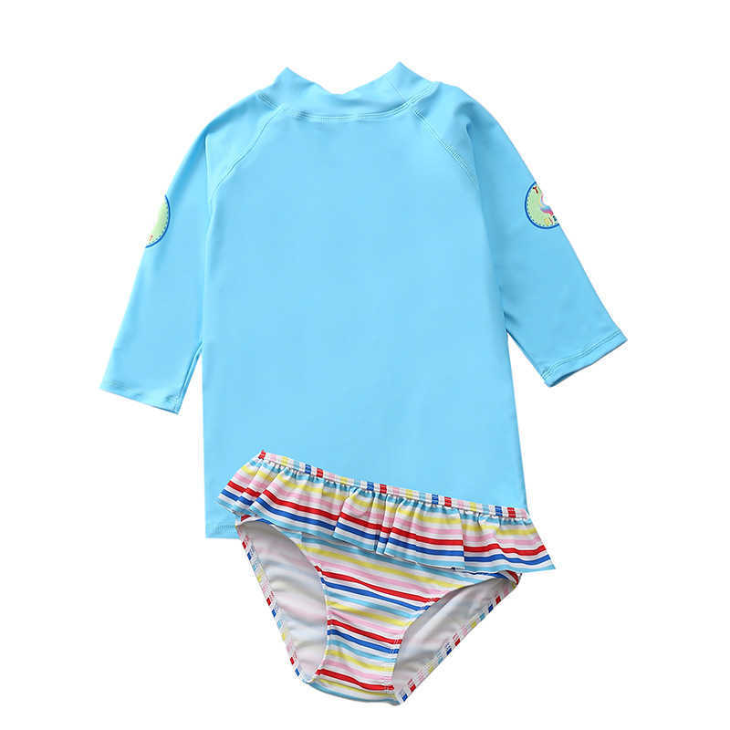 Endelar Flamingo Swimsuit Set 2020 Girls '2-Stycken Solskydd RASH GUARD Set Kids Girl Beach Långärmad badskjorta och shorts Set W0310