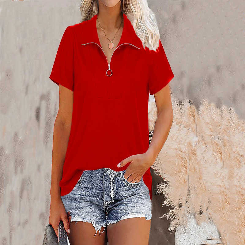 Women's T-Shirt Fashion Threaded Lapel Zipper Splicing Tops Female Spring Summer Short Sleeve T-Shirt Women Solid Color Loose Urban Casual Tees