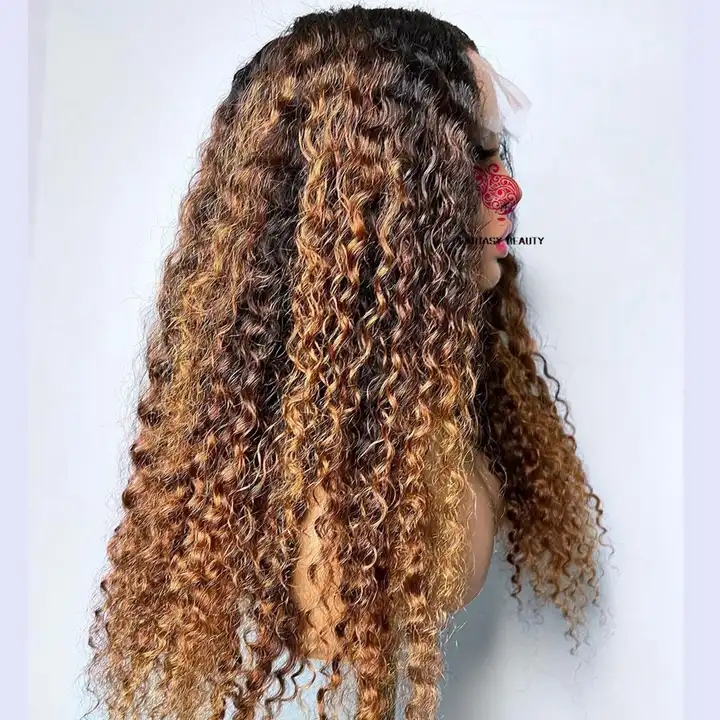 Kinky Curly Honey Blonde Ombre 하이라이트 인간 머리 레이스 전면 가발 흑인 여성을위한 천연 헤어 라인 브라질 머리