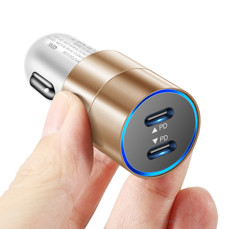 Dual PD 40W Metal Car USB Charger 12-24V Quick Charging Mini Fast Charger