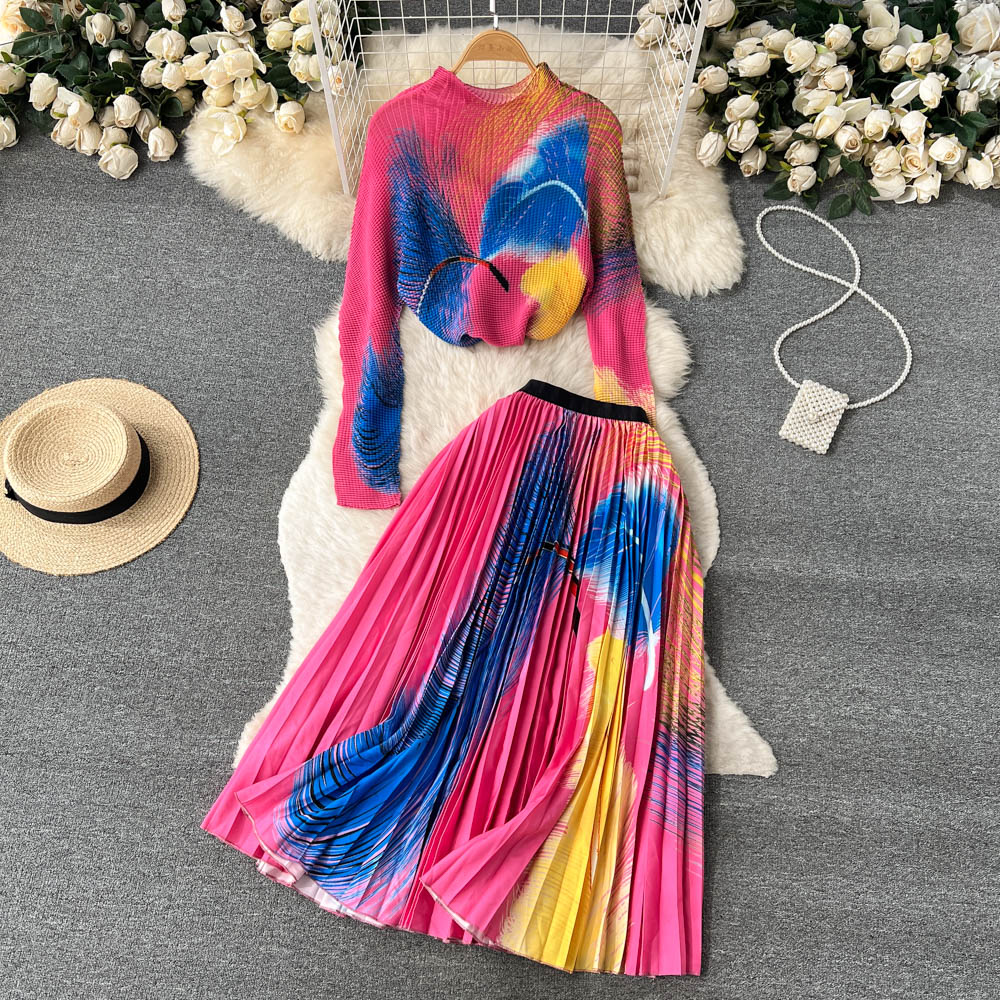 Women Vintage Two Piece Dress Long Sleeve Stretch Printed Tops High Elastic Waist Pleated Skirt Set Suit Runway Set 2023 Autumn