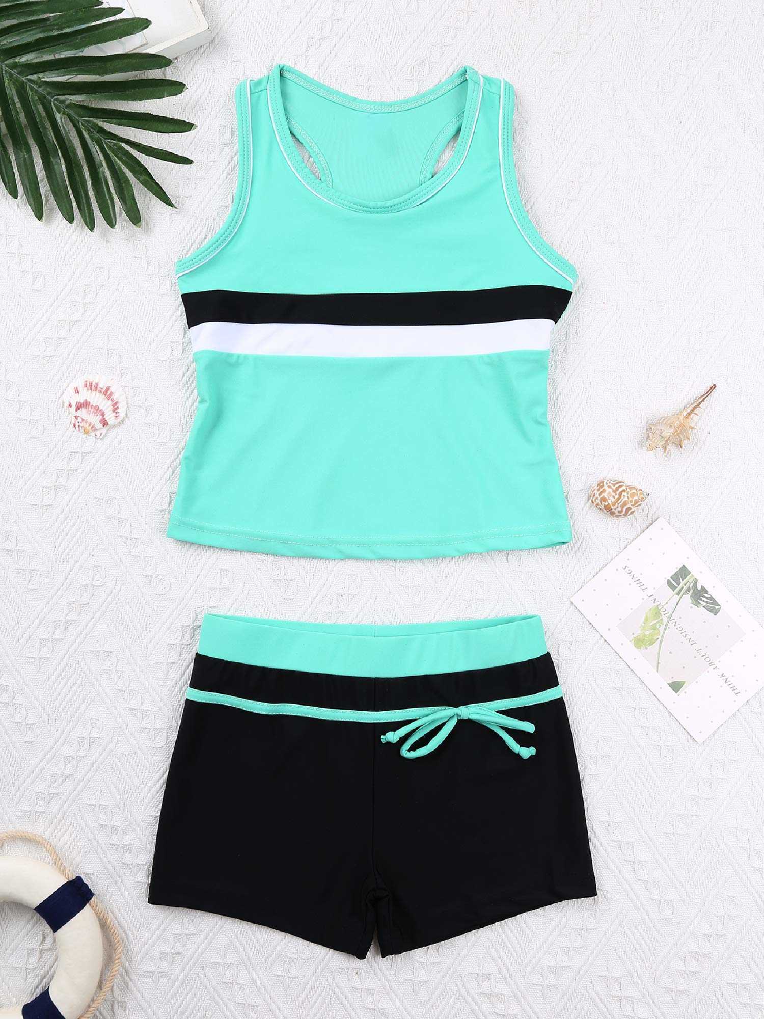 Einteilige Kinder Bademode Mädchen Zweiteiliger Badeanzug Sommer Kinder Bikini Badeanzug Sport Weste Tops mit Hosen Shorts 6-14